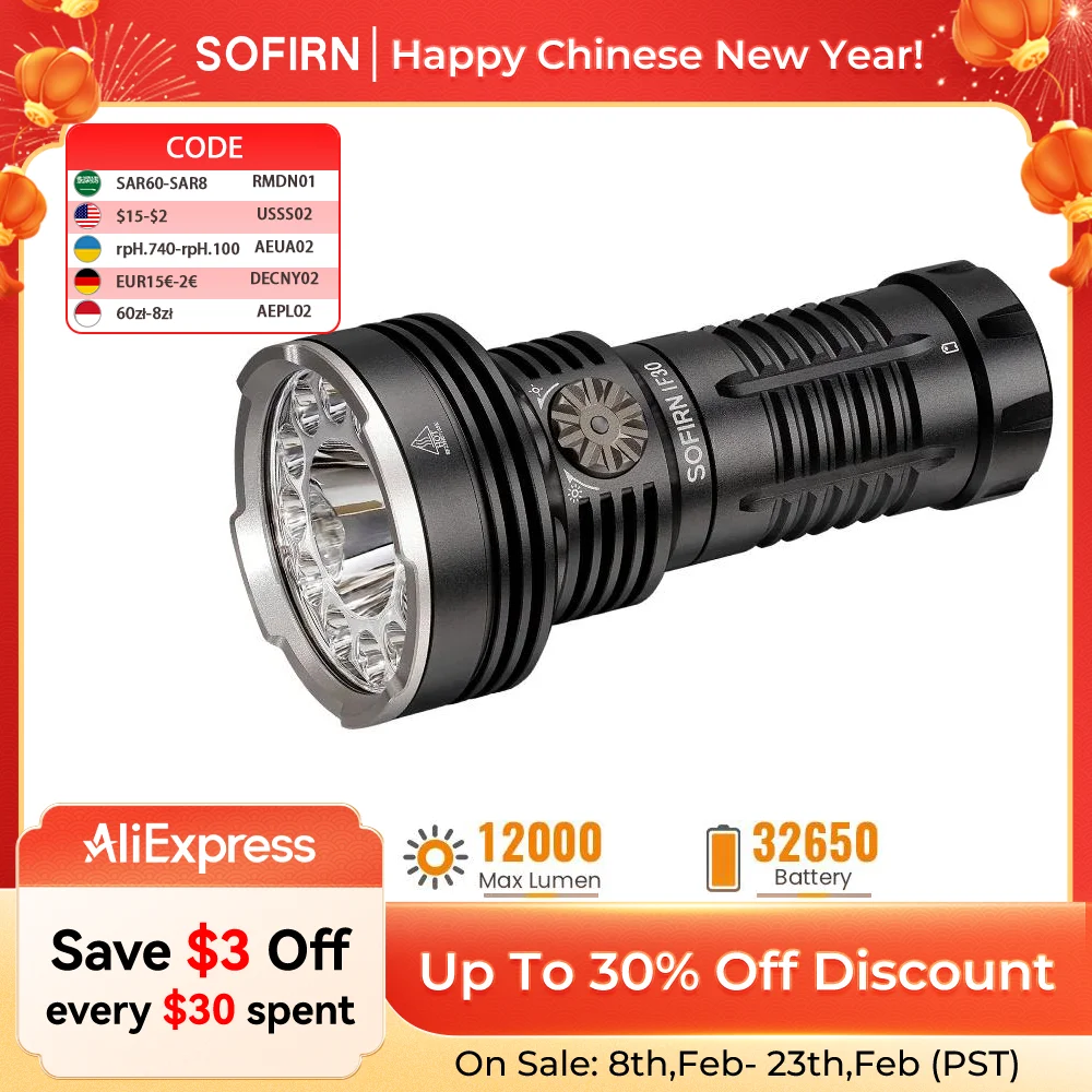 Sofirn IF30 Powerful USB C Rechargeable EDC Flashlight IPX8 Waterproof 32650 12000lm SFT40 Lamp Portable Torch
Sofirn IF30 Powerful USB C Rechargeable EDC Flashlight IPX8 Waterproof 32650 12000lm SFT40 Lamp Portable Torch