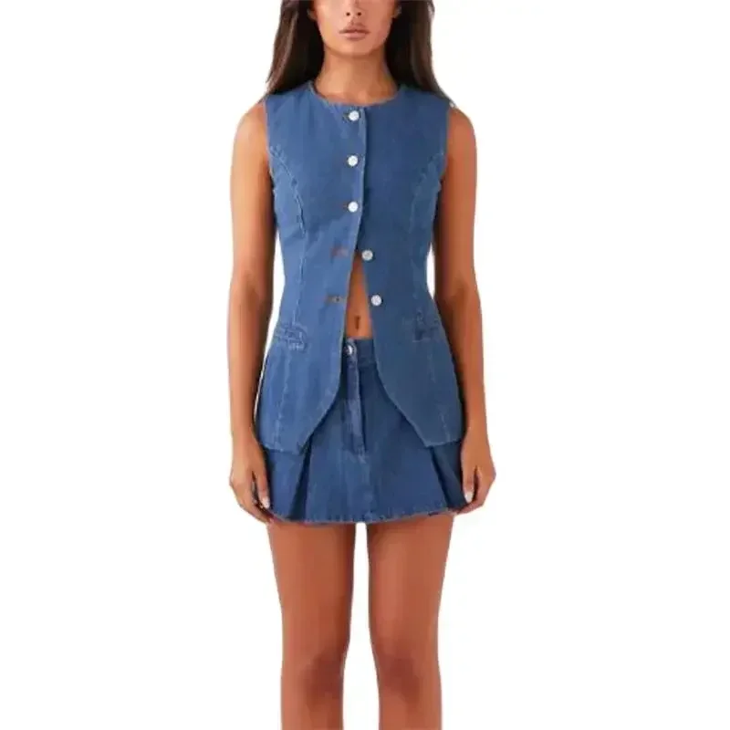 Vintage Women Sleeveless Single-breasted Cardigan Tops Denim Two Piece Sets Short Skirt Female Suits Summer Casual Streetwear 24
Vintage Women Sleeveless Single-breasted Cardigan Tops Denim Two Piece Sets Short Skirt Female Suits Summer Casual Streetwear 24
