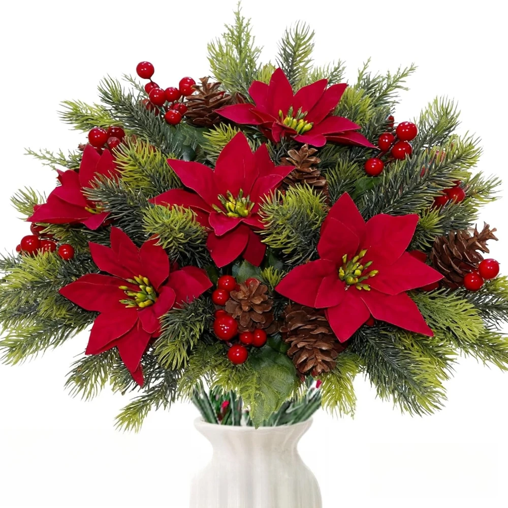 Artificial Poinsettia Flowers Christmas Floral Poinsettia Pine Cones Red Berry Stem for Xmas Tree DIY 2026 New Year Party Decor 
Artificial Poinsettia Flowers Christmas Floral Poinsettia Pine Cones Red Berry Stem for Xmas Tree DIY 2026 New Year Party Decor