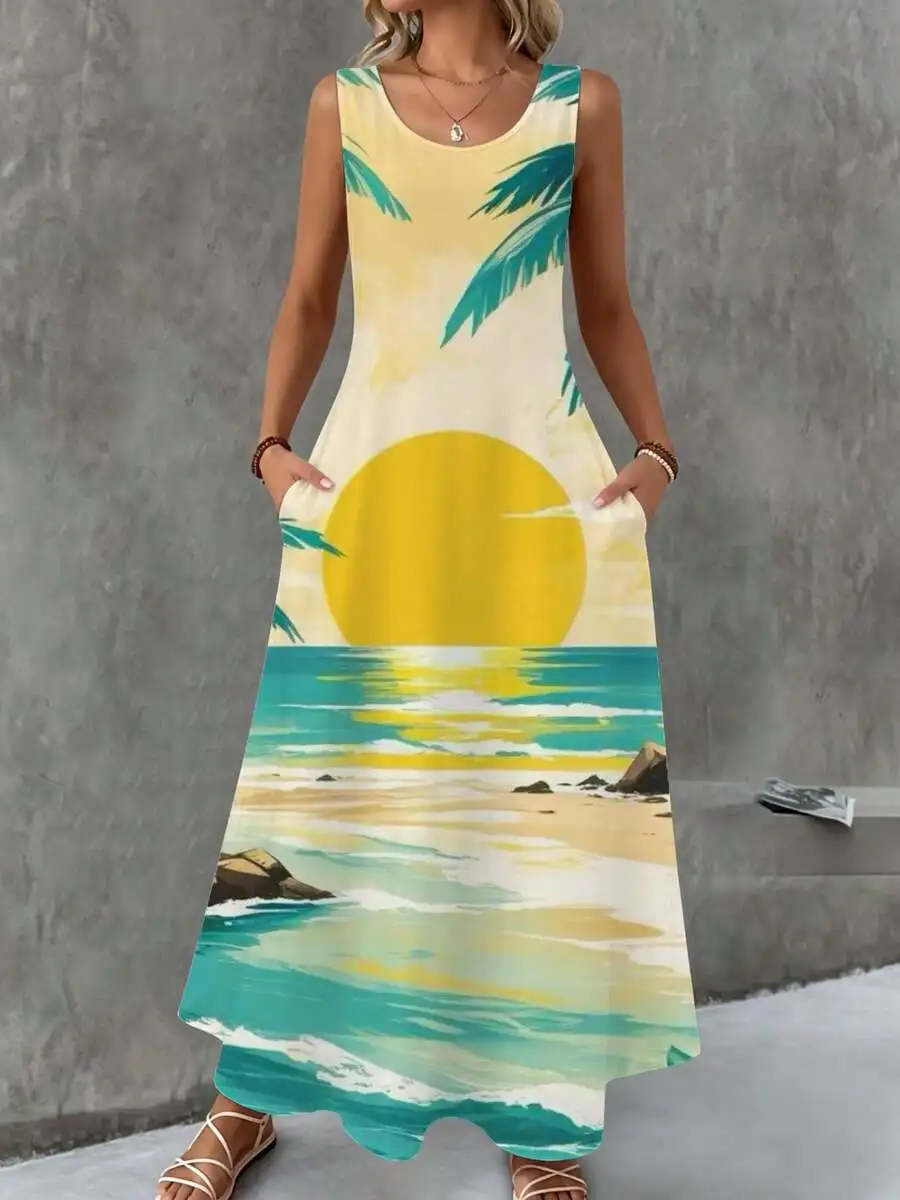 Sleeveless Maxi Dress Yellow Beach Sunset Palm Tree Print Summer Vacation Women Fashion
Sleeveless Maxi Dress Yellow Beach Sunset Palm Tree Print Summer Vacation Women Fashion