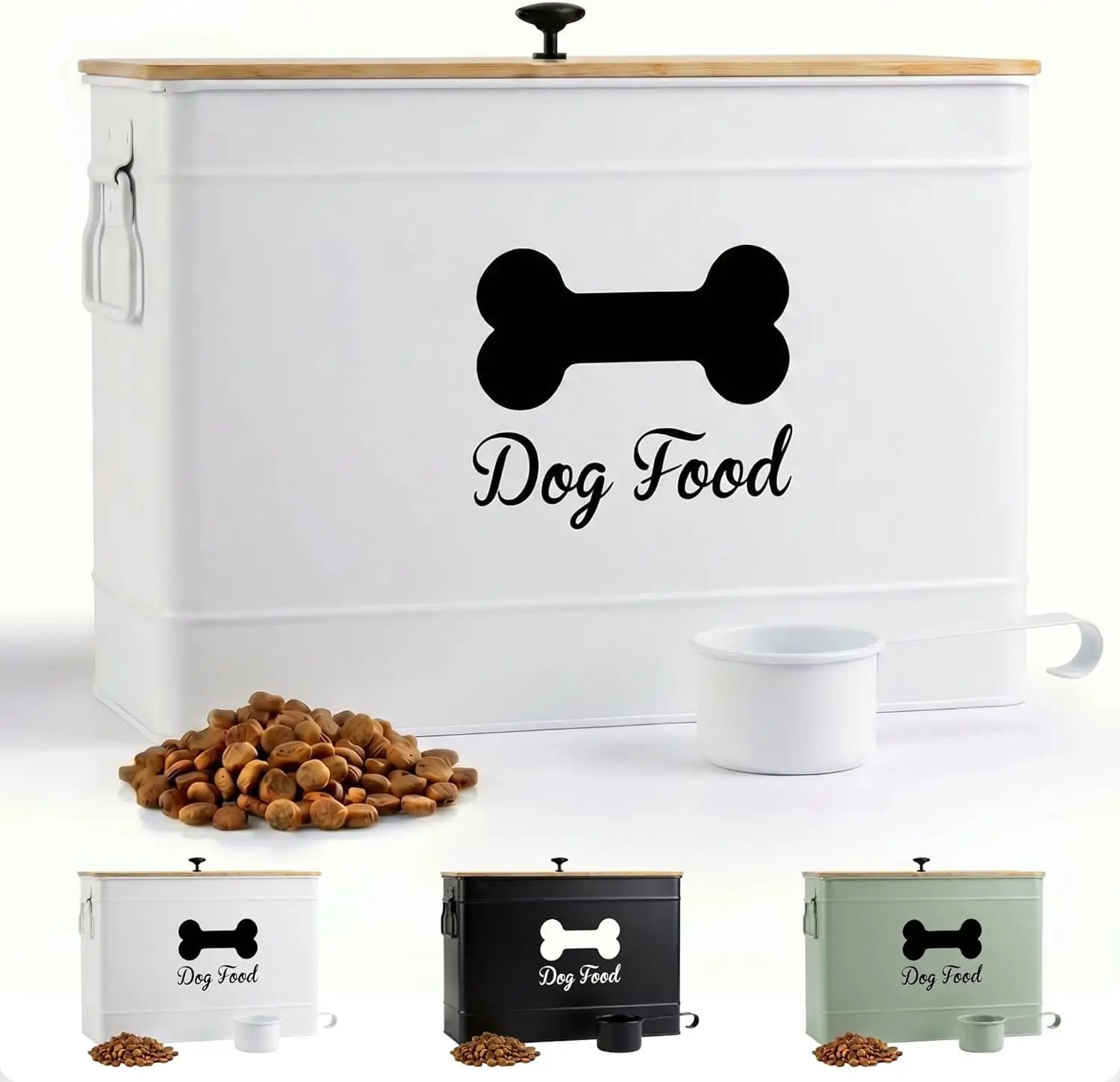Airtight Dog Food Container 15-20 lb with Metal Scoop and Bamboo Lid - White Metal Kibble Storage Bin for Dogs up to 100 lbs
Airtight Dog Food Container 15-20 lb with Metal Scoop and Bamboo Lid - White Metal Kibble Storage Bin for Dogs up to 100 lbs