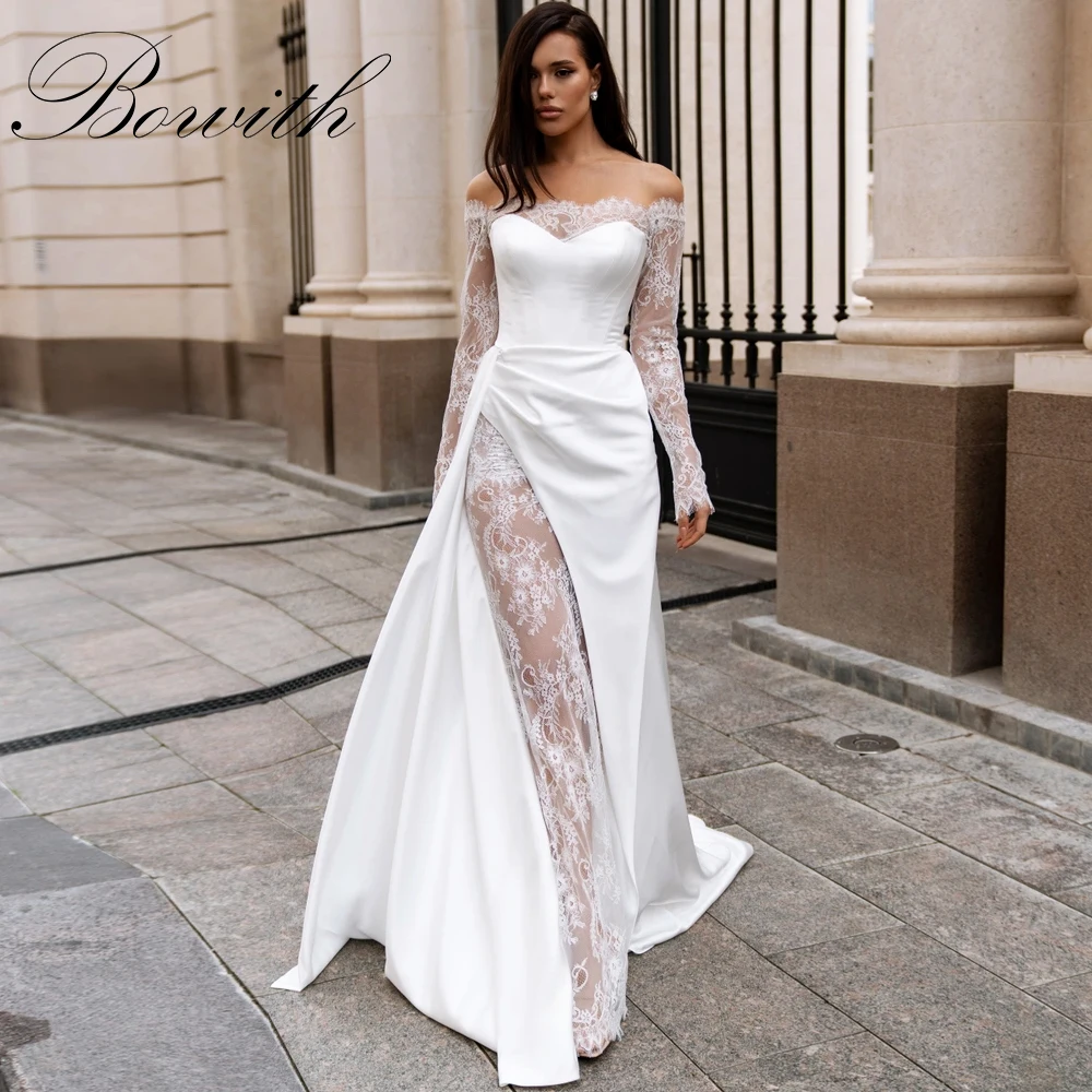Bowith Elegant Mermaid Wedding Dresses Off Shoulder Lace Side High Slit Bridal Gowns Customized Court Train Wedding Dresses
Bowith Elegant Mermaid Wedding Dresses Off Shoulder Lace Side High Slit Bridal Gowns Customized Court Train Wedding Dresses