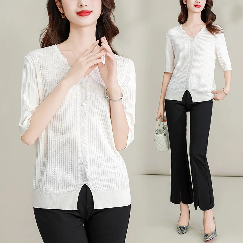 Women Clothing Fashion Elegant Solid V-neck Pullovers Summer All-match Loose Short Sleeve Thin Sweaters Casual Chic Button Tops
Women Clothing Fashion Elegant Solid V-neck Pullovers Summer All-match Loose Short Sleeve Thin Sweaters Casual Chic Button Tops