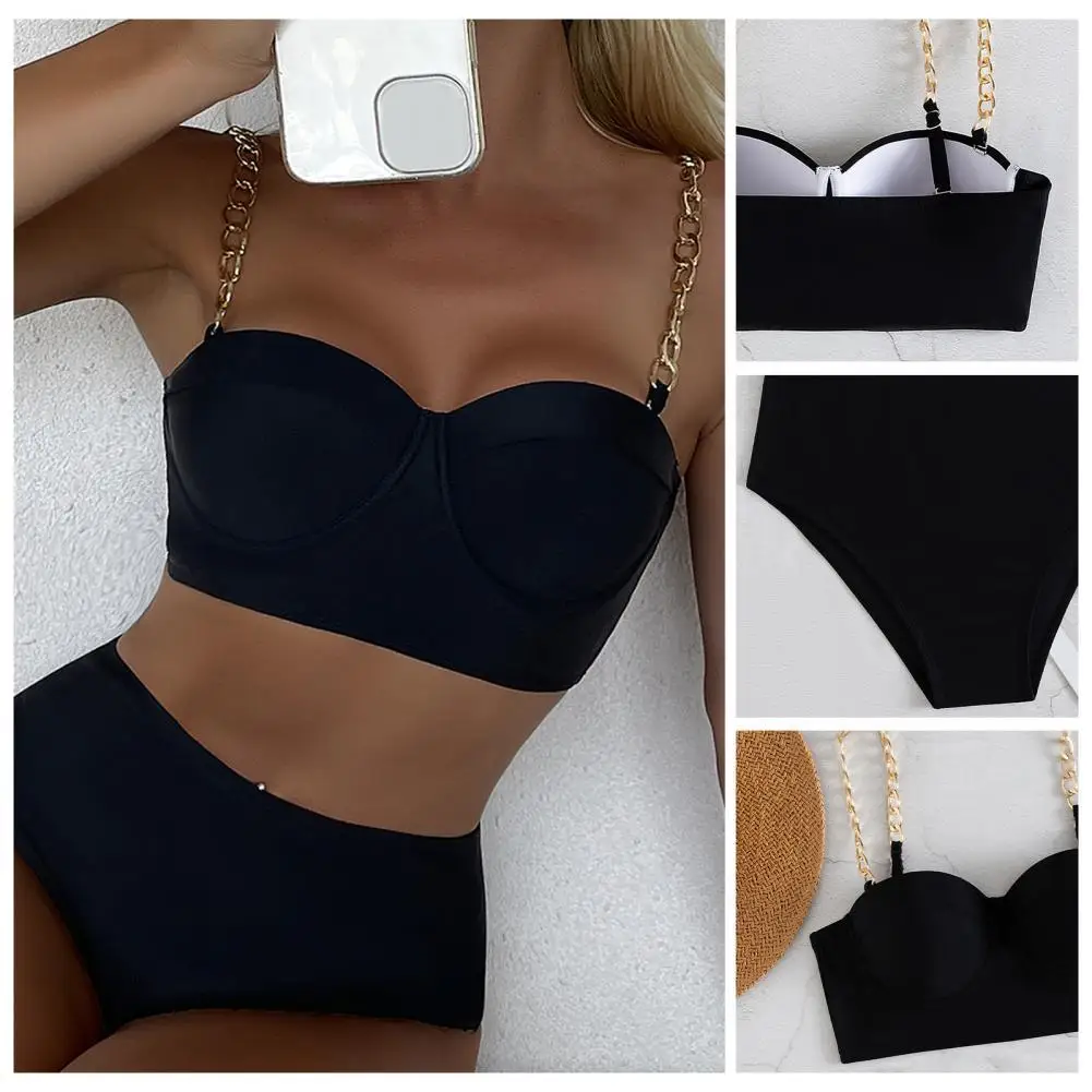 2Pcs/Set Sexy Women Split Bikini Solid Color Off Shoulder Metal Chain Strap Black Adjustable Push Up Swimwear for Beachwear
2Pcs/Set Sexy Women Split Bikini Solid Color Off Shoulder Metal Chain Strap Black Adjustable Push Up Swimwear for Beachwear