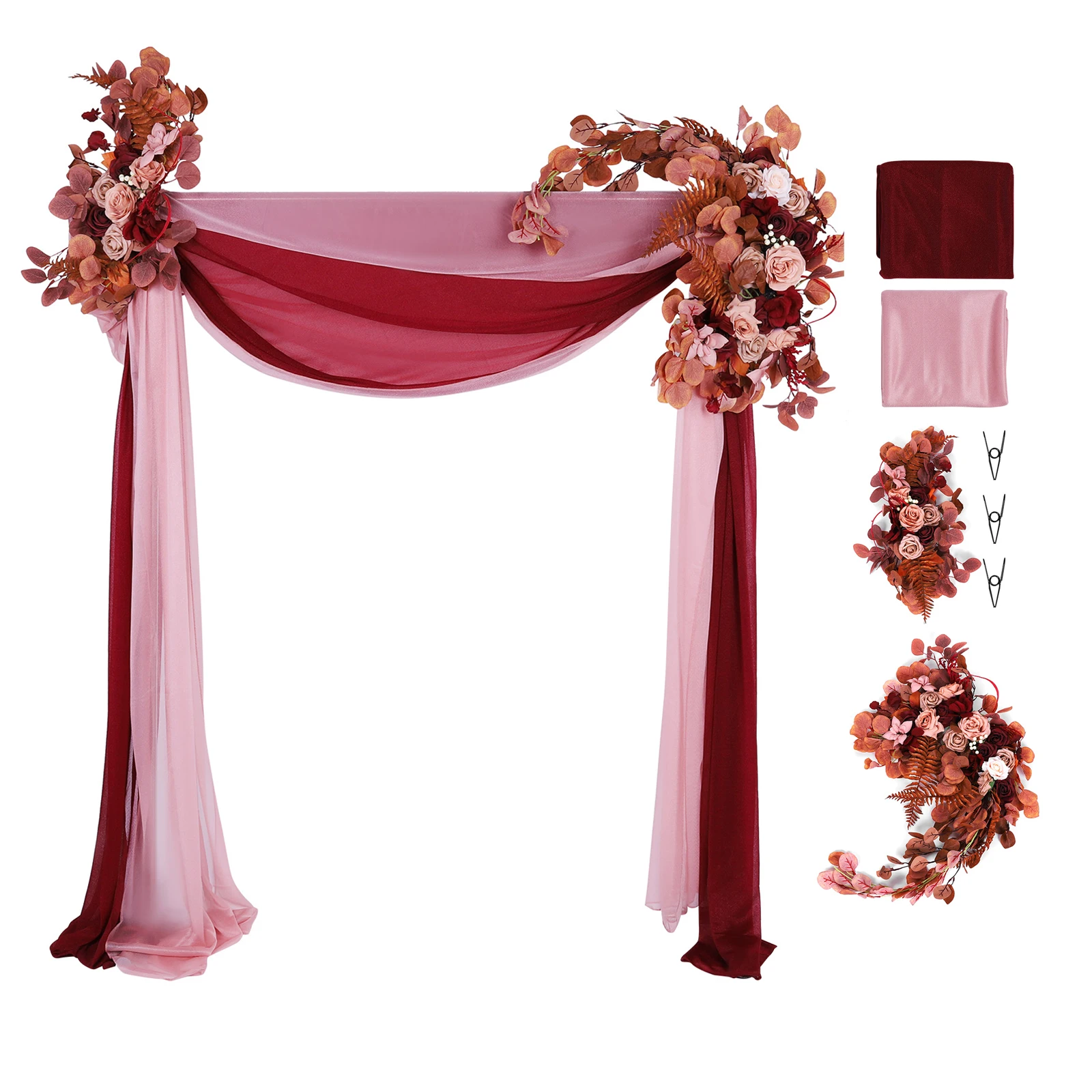 Pack of 4 Artificial Arch Flowers Swag with Sheer Drapes Artificial Floral Swag for Ceremony Reception Stage Decor
Pack of 4 Artificial Arch Flowers Swag with Sheer Drapes Artificial Floral Swag for Ceremony Reception Stage Decor