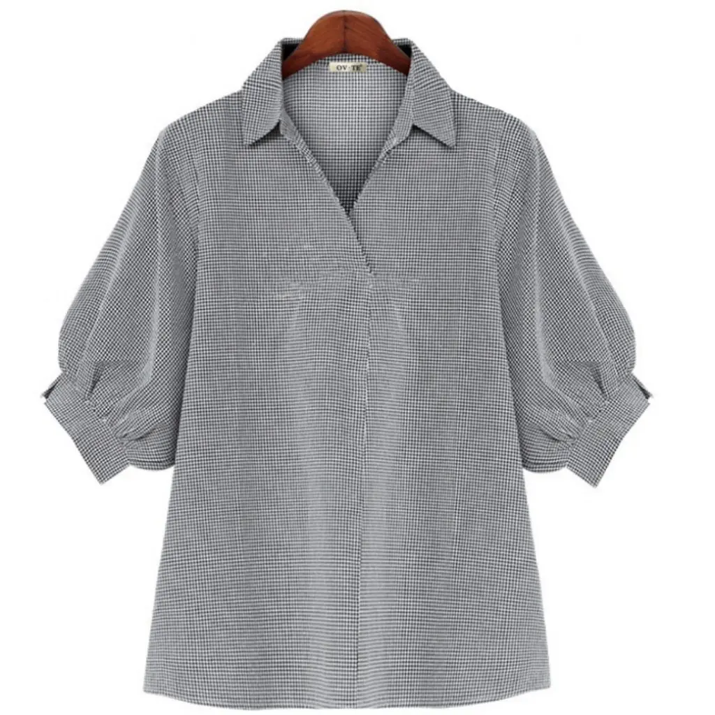 Women's Mid-Sleeve Large Size Shirt Classic Plaid V-neck Casual Slimming Top Flesh Covering Elegant Mid-Term Fashion
Women's Mid-Sleeve Large Size Shirt Classic Plaid V-neck Casual Slimming Top Flesh Covering Elegant Mid-Term Fashion