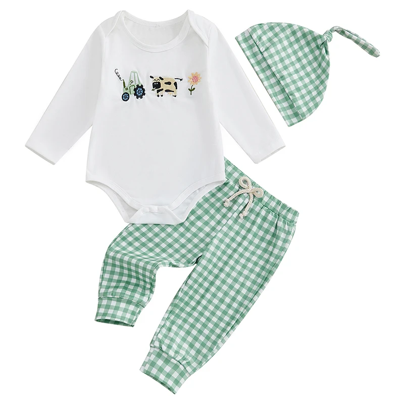 Baby Boys Pants Set Long Sleeve Crew Neck Embroidery Romper with Plaid Sweatpants and Hat Fall Outfit
Baby Boys Pants Set Long Sleeve Crew Neck Embroidery Romper with Plaid Sweatpants and Hat Fall Outfit