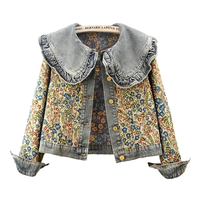Spring Autumn Vintage Blue Jacquard Embroidery Peter Pan Collar Denim Jacket Women Short Cowboy Outerwear Jeans Jacket Female
Spring Autumn Vintage Blue Jacquard Embroidery Peter Pan Collar Denim Jacket Women Short Cowboy Outerwear Jeans Jacket Female