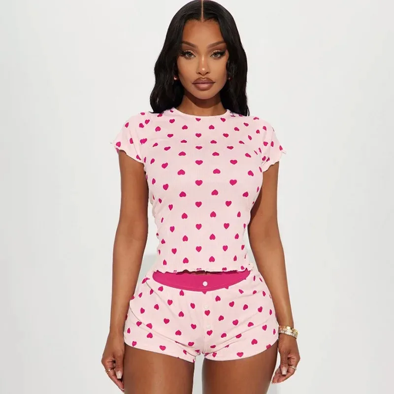 2025 New Ladies Summer Sexy Summer Pajamas Love Print Collision Slim Short-Sleeved Shorts Casual Home Suit Women's Clothing 
2025 New Ladies Summer Sexy Summer Pajamas Love Print Collision Slim Short-Sleeved Shorts Casual Home Suit Women's Clothing