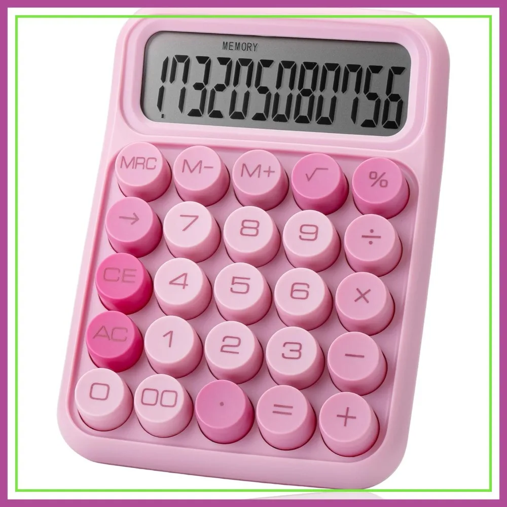 12-Digit Mechanical Switch Calculator, Large LCD Display, Pink, Big Buttons for Home School Office