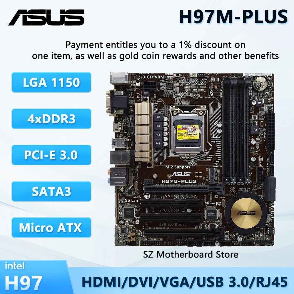 Материнская плата ASUS H97M-PLUS M-ATX Intel H97 LGA 1150 с поддержкой Core I7/i5/i3 4370 4440 4770 DDR3 PCI M.2 SATA III 1% Скидка Лидер продаж
Материнская плата ASUS H97M-PLUS M-ATX Intel H97 LGA 1150 с поддержкой Core I7/i5/i3 4370 4440 4770 DDR3 PCI M.2 SATA III 1% Скидка Лидер продаж