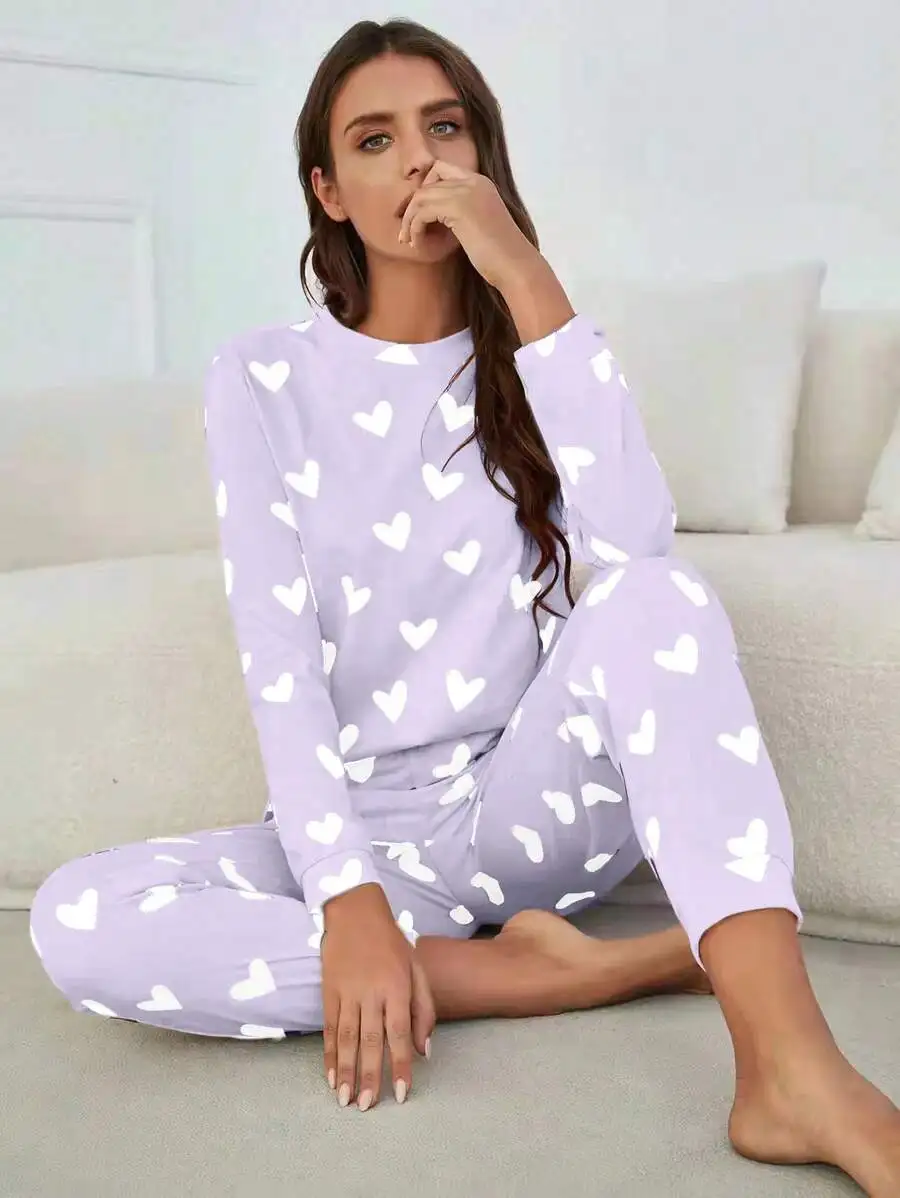 Womens Lavender Heart Print Round Neck Long Sleeve Pajama Set With Slight Stretch Cozy Sleepwear
Womens Lavender Heart Print Round Neck Long Sleeve Pajama Set With Slight Stretch Cozy Sleepwear