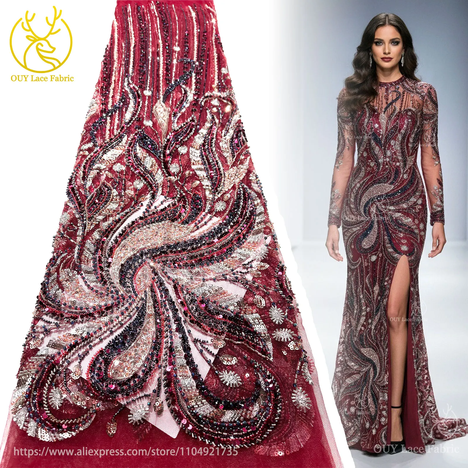 Red French Handmade Beaded Lace Fabric 2025 Luxury African Nigerian Sequin Lace Fabric Lace Fabric for Sewing Wedding Dresses 
Red French Handmade Beaded Lace Fabric 2025 Luxury African Nigerian Sequin Lace Fabric Lace Fabric for Sewing Wedding Dresses