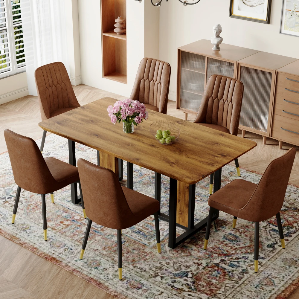 Table and chair set.67"x36" Wood-Textured MDF Dining Table Set with 6 Brown Suede Chairs.MDF sticker,Wood colored texture
Table and chair set.67"x36" Wood-Textured MDF Dining Table Set with 6 Brown Suede Chairs.MDF sticker,Wood colored texture