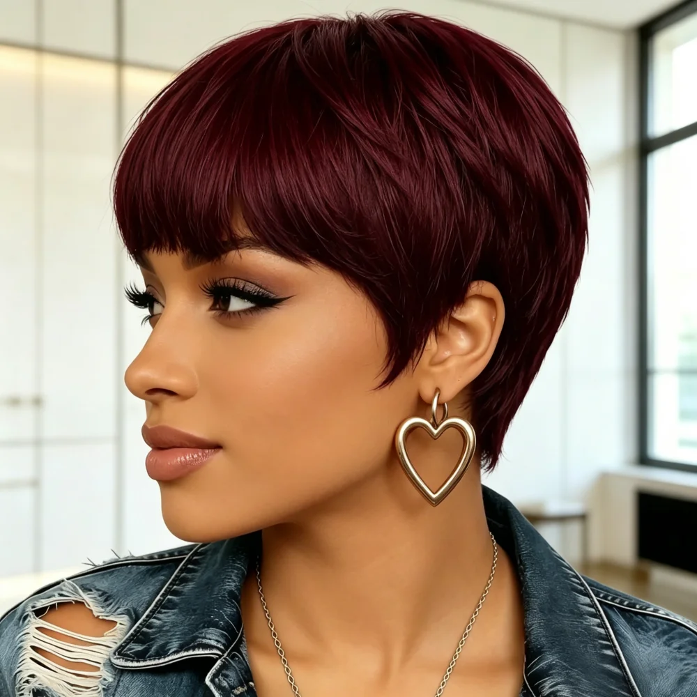 Short Burgundy Pixie Cut Human Hair Wig, full machine made with Bangs, Short Straight Human Hair Wig for African American Women
Short Burgundy Pixie Cut Human Hair Wig, full machine made with Bangs, Short Straight Human Hair Wig for African American Women