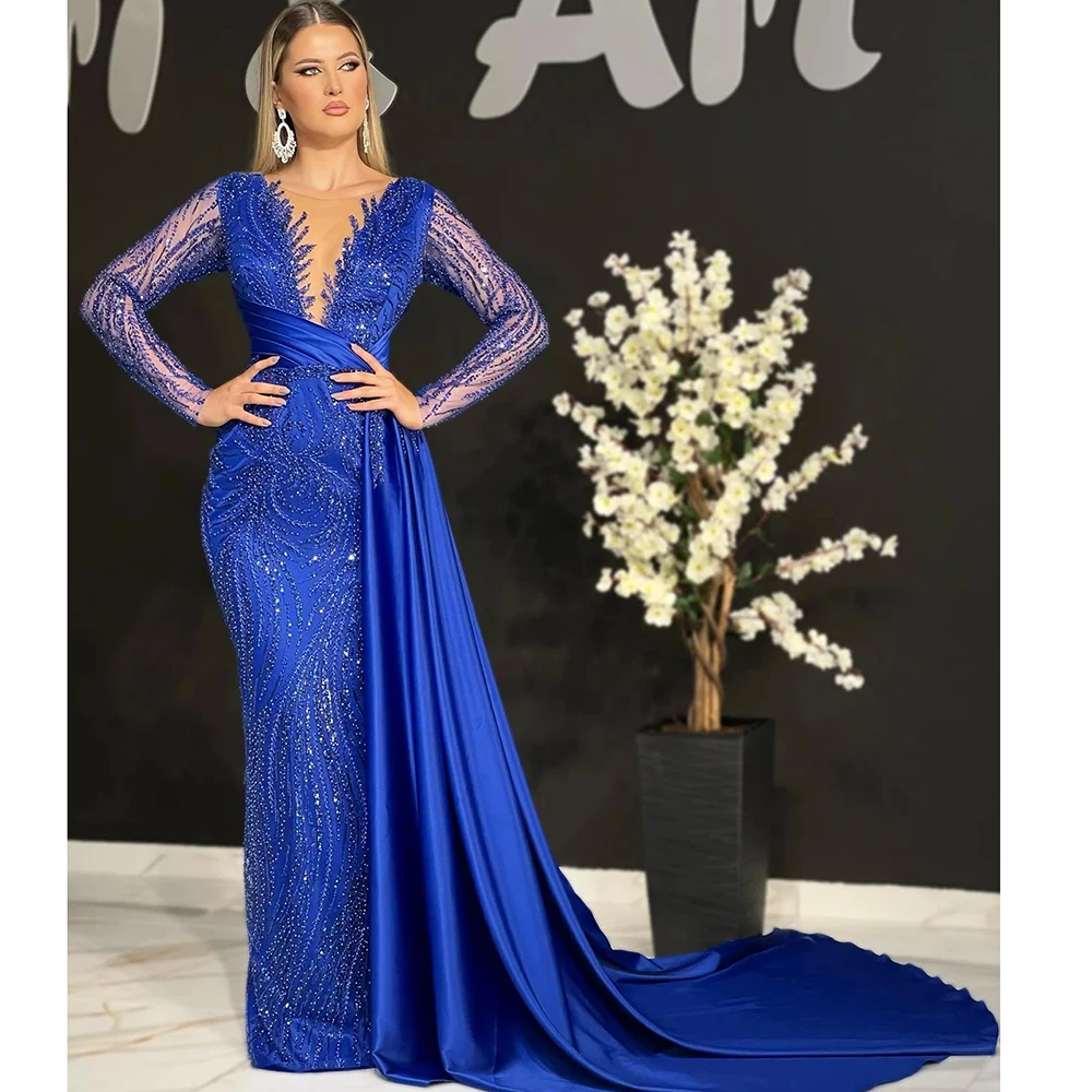 Fashion Royal Blue Beading Evening Dress Customized V-Neck Long Sleeve Chapel Train Pleat Gowns Special Occasion Party Dress
Fashion Royal Blue Beading Evening Dress Customized V-Neck Long Sleeve Chapel Train Pleat Gowns Special Occasion Party Dress
