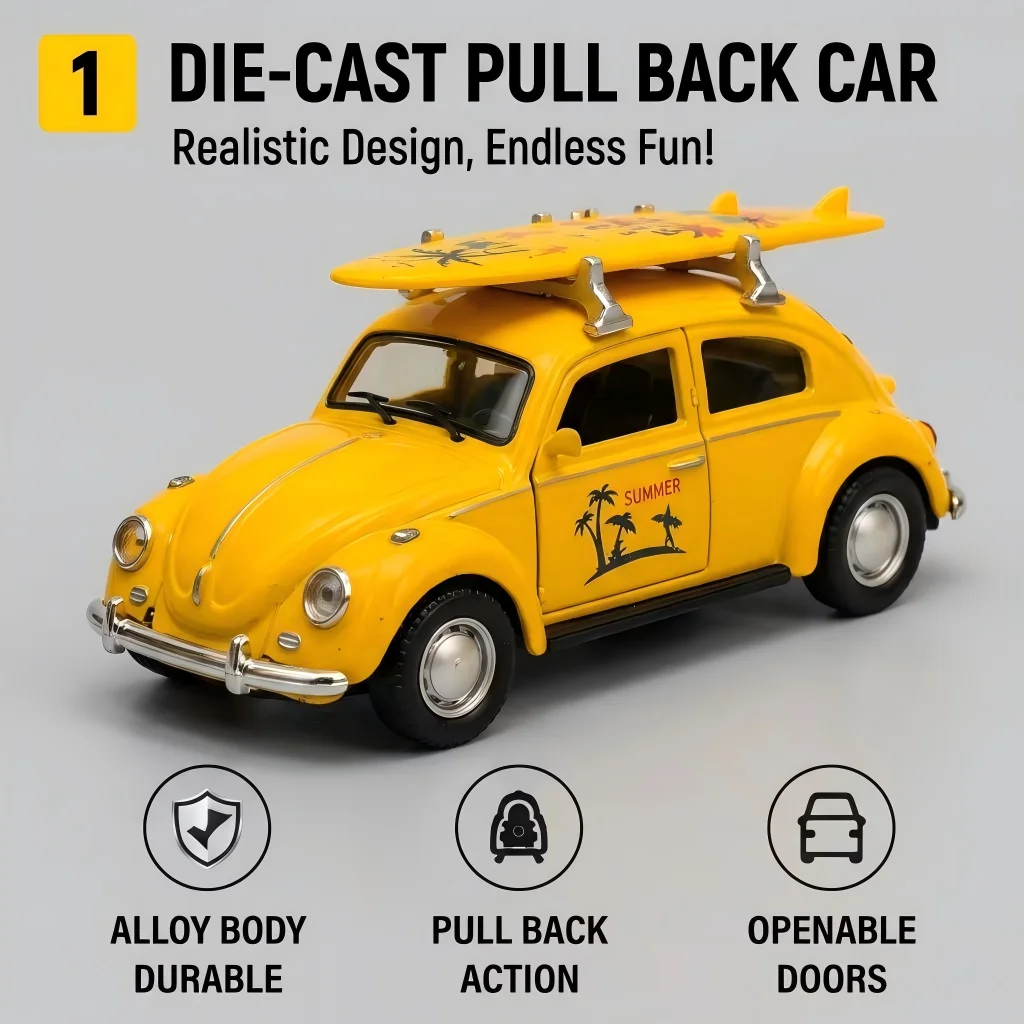 Retro Pullback Car Toy Yellow DIY Assembly Model with Detachable Surfboard And Openable Door Fun Gift for Boys And Girls
Retro Pullback Car Toy Yellow DIY Assembly Model with Detachable Surfboard And Openable Door Fun Gift for Boys And Girls