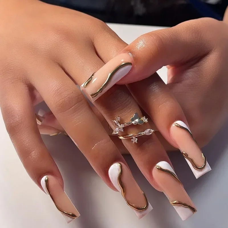 24 Pcs 3d Gold Line Press on Nails Cheap Long Ballet False Nails for Women Nude White Design Coffin French Wearable Fake Nails
24 Pcs 3d Gold Line Press on Nails Cheap Long Ballet False Nails for Women Nude White Design Coffin French Wearable Fake Nails