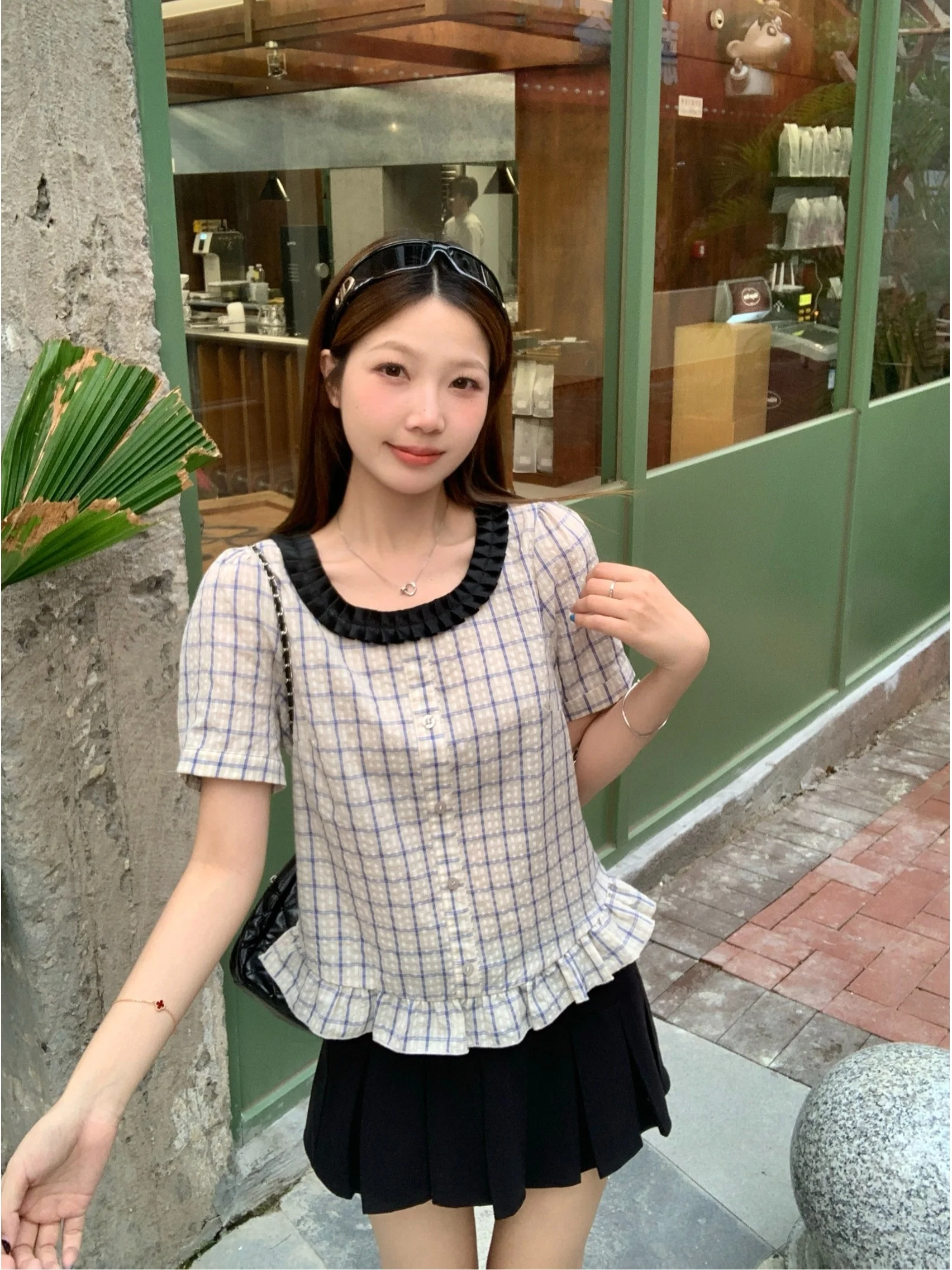 plus Size Women's Retro Color Block Plaid Short Sleeve Shirt Summer New Style Slimming Versatile Design Lotus Leaf Top
plus Size Women's Retro Color Block Plaid Short Sleeve Shirt Summer New Style Slimming Versatile Design Lotus Leaf Top