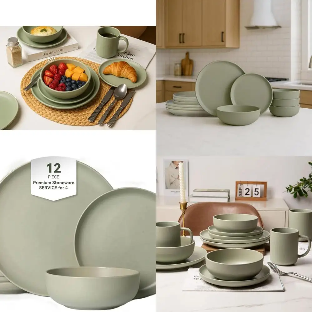 4-Person Stoneware Dinner Set: Plates, Bowls, Microwave & Dishwasher Safe, Non-Toxic, Stackable, Matte Green Kitchenware
4-Person Stoneware Dinner Set: Plates, Bowls, Microwave & Dishwasher Safe, Non-Toxic, Stackable, Matte Green Kitchenware