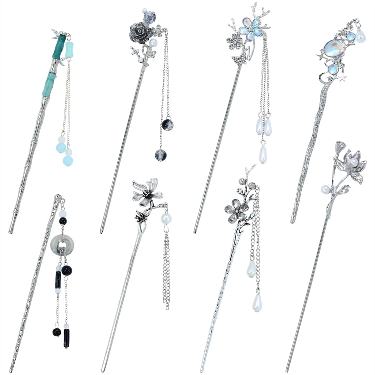8 Pcs Retro Vintage Asian Chinese Traditional Hanfu Silver Metal Flower Hair Sticks With Pearl Bead Pendants Bamboo Lotus Long Hair Chopsticks Forks Bun Updo Holders Hairpins For Women Girls
8 Pcs Retro Vintage Asian Chinese Traditional Hanfu Silver Metal Flower Hair Sticks With Pearl Bead Pendants Bamboo Lotus Long Hair Chopsticks Forks Bun Updo Holders Hairpins For Women Girls