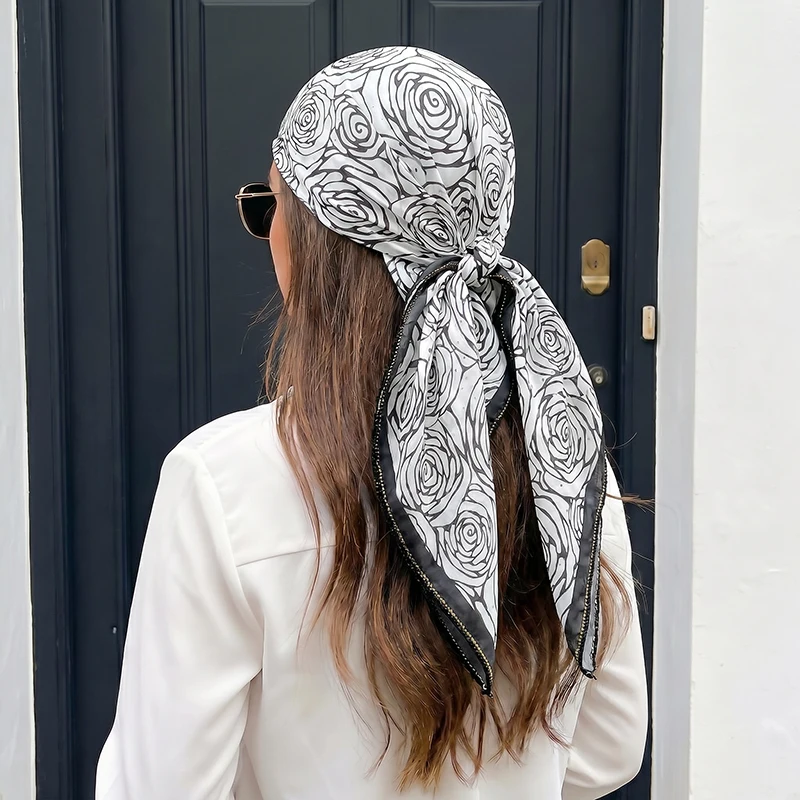 Soft Satin Square Scarf Sparkle Rhinestone Edge Rose Print Bandana Stylish Hijab for Women Travel Hair Headband Accessory
Soft Satin Square Scarf Sparkle Rhinestone Edge Rose Print Bandana Stylish Hijab for Women Travel Hair Headband Accessory