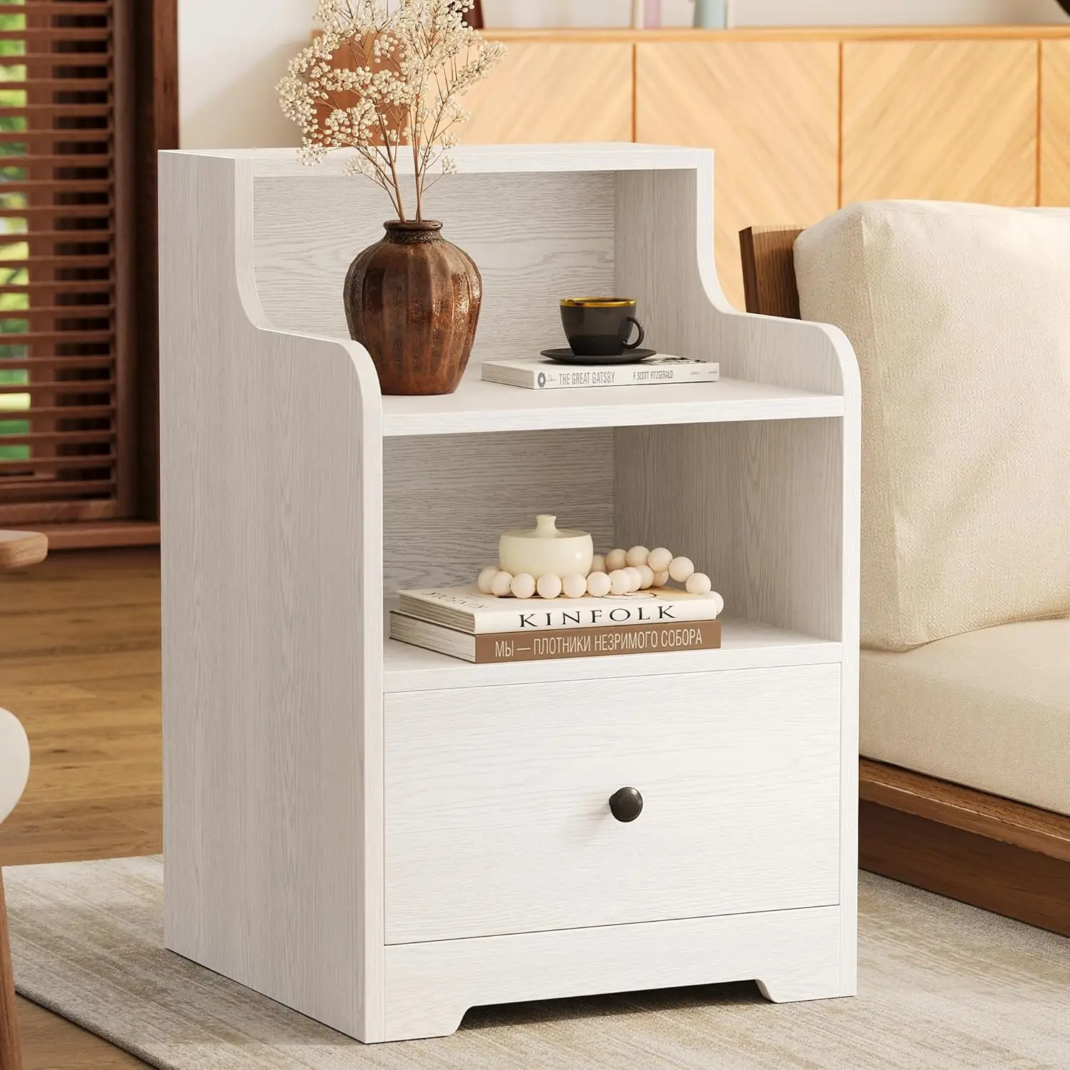 Nightstand with Drawer and Open Shelf, Bedside Table with Hutch, Modern End Table with Storage for Bedroom, White
Nightstand with Drawer and Open Shelf, Bedside Table with Hutch, Modern End Table with Storage for Bedroom, White