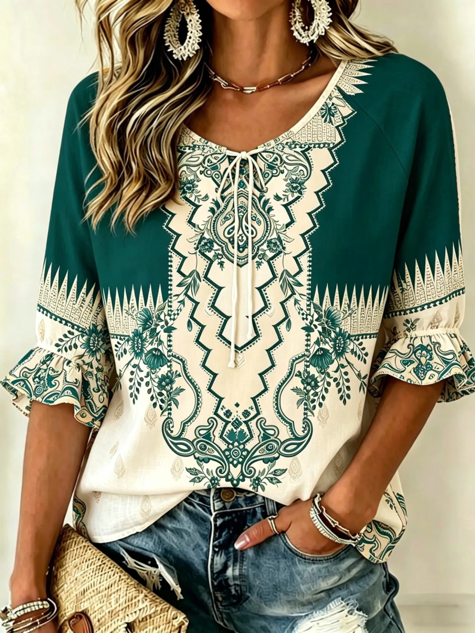 Women's Spring Summer Casual Blouse, Green & Beige Ethnic Floral Print Tops for Daily Street Holiday Dating & Leisure Outfit
Women's Spring Summer Casual Blouse, Green & Beige Ethnic Floral Print Tops for Daily Street Holiday Dating & Leisure Outfit