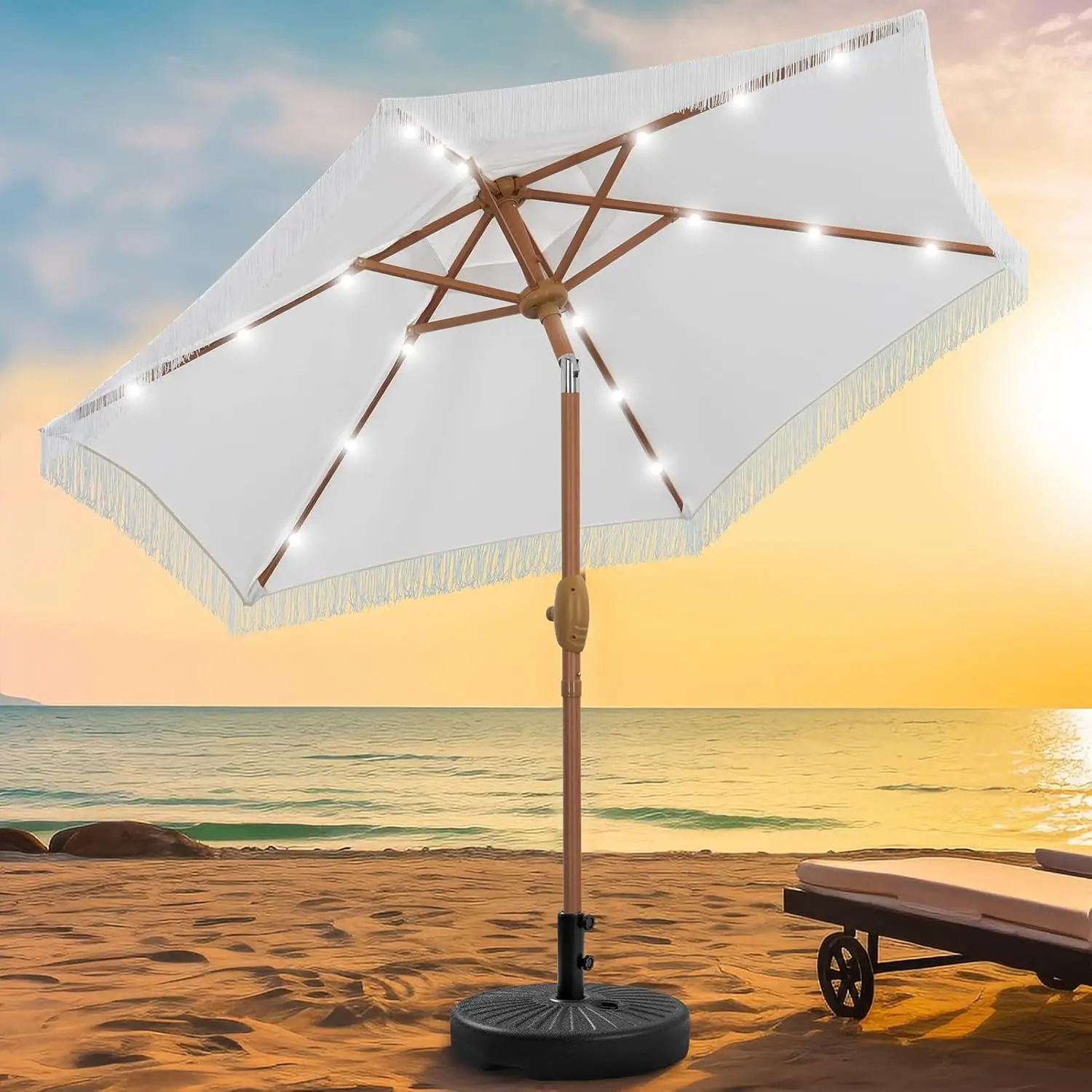Fringe Patio Umbrella with Base, Stylish Tassel Umbrella with 18 LED Solar Lights for Outdoor Shade and Illumination
Fringe Patio Umbrella with Base, Stylish Tassel Umbrella with 18 LED Solar Lights for Outdoor Shade and Illumination