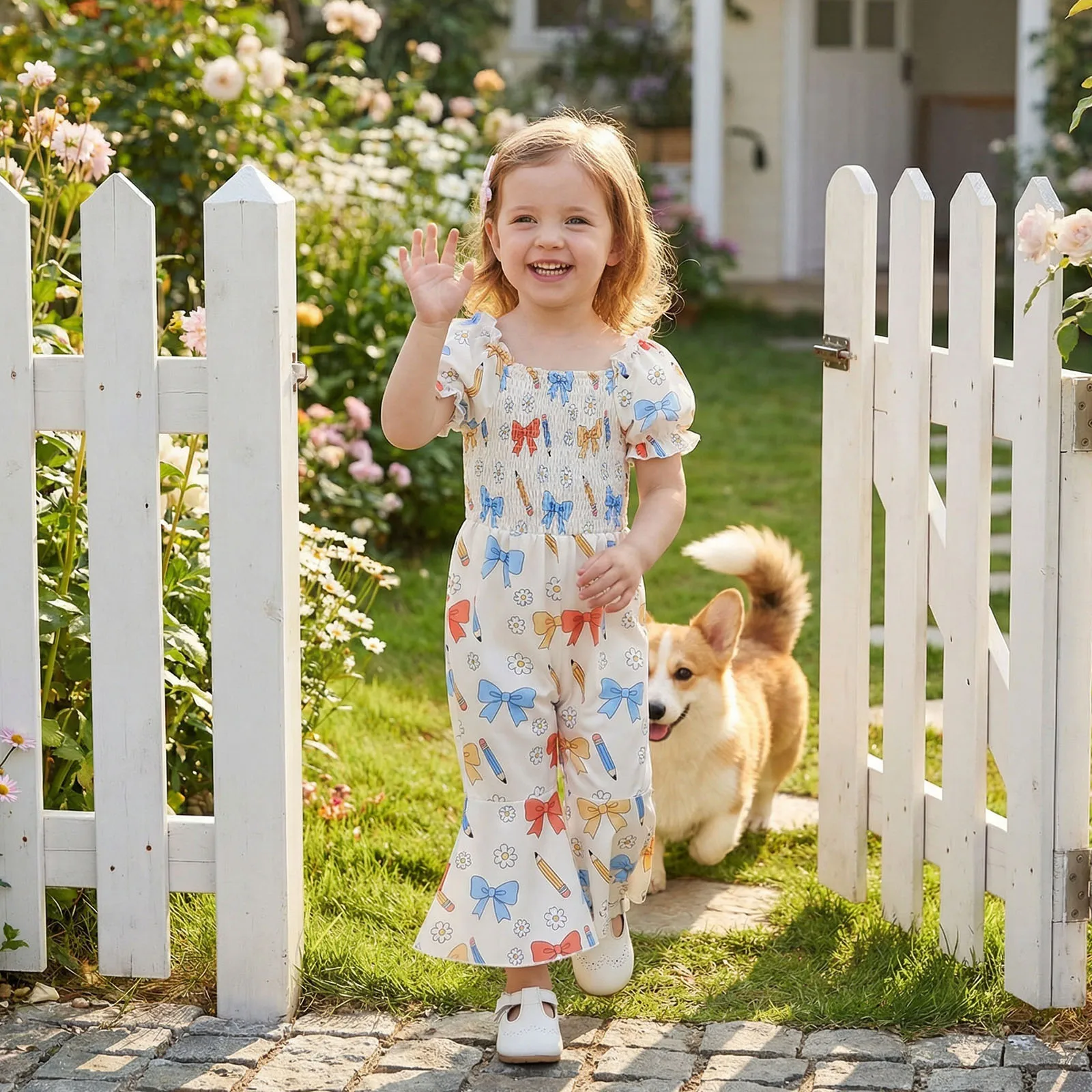 Toddler Girl Flare Pants Jumpsuit Flower Bow Pencil Print Short Puff Sleeve Smocked Romper Adorable Summer Clothes
Toddler Girl Flare Pants Jumpsuit Flower Bow Pencil Print Short Puff Sleeve Smocked Romper Adorable Summer Clothes