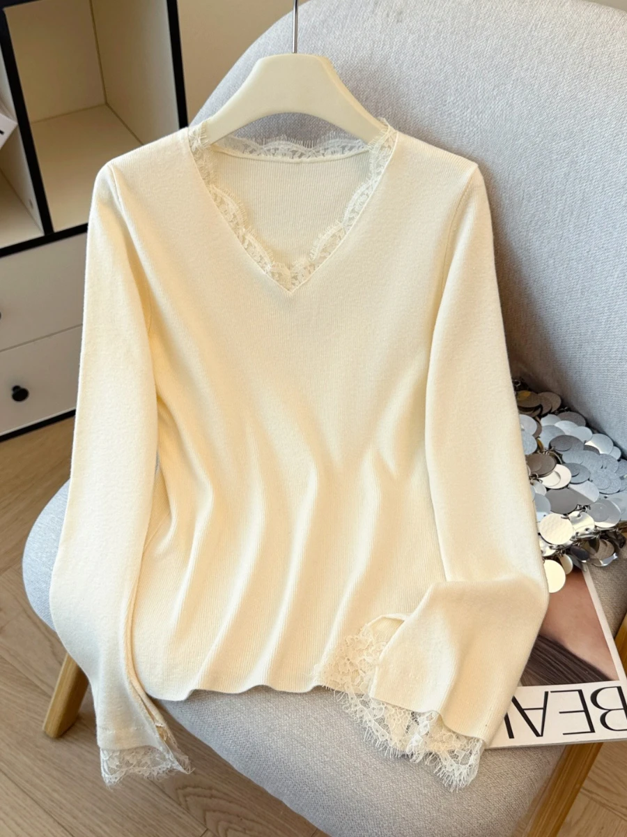 Blubelle Women's Lace V Neck Long Sleeve Knit Top Slim Fit Bell Sleeves Elegant Inner Layer Autumn Winter Sweater
Blubelle Women's Lace V Neck Long Sleeve Knit Top Slim Fit Bell Sleeves Elegant Inner Layer Autumn Winter Sweater