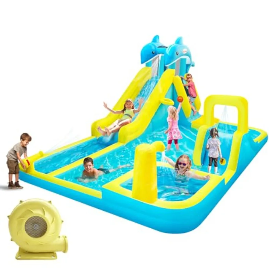 Inflatable Water Slide Dolphin Styling Giant Bouncy Waterslide Park with Extra Long Slide Climbing Wall Deep Pool Water Cannon
Inflatable Water Slide Dolphin Styling Giant Bouncy Waterslide Park with Extra Long Slide Climbing Wall Deep Pool Water Cannon