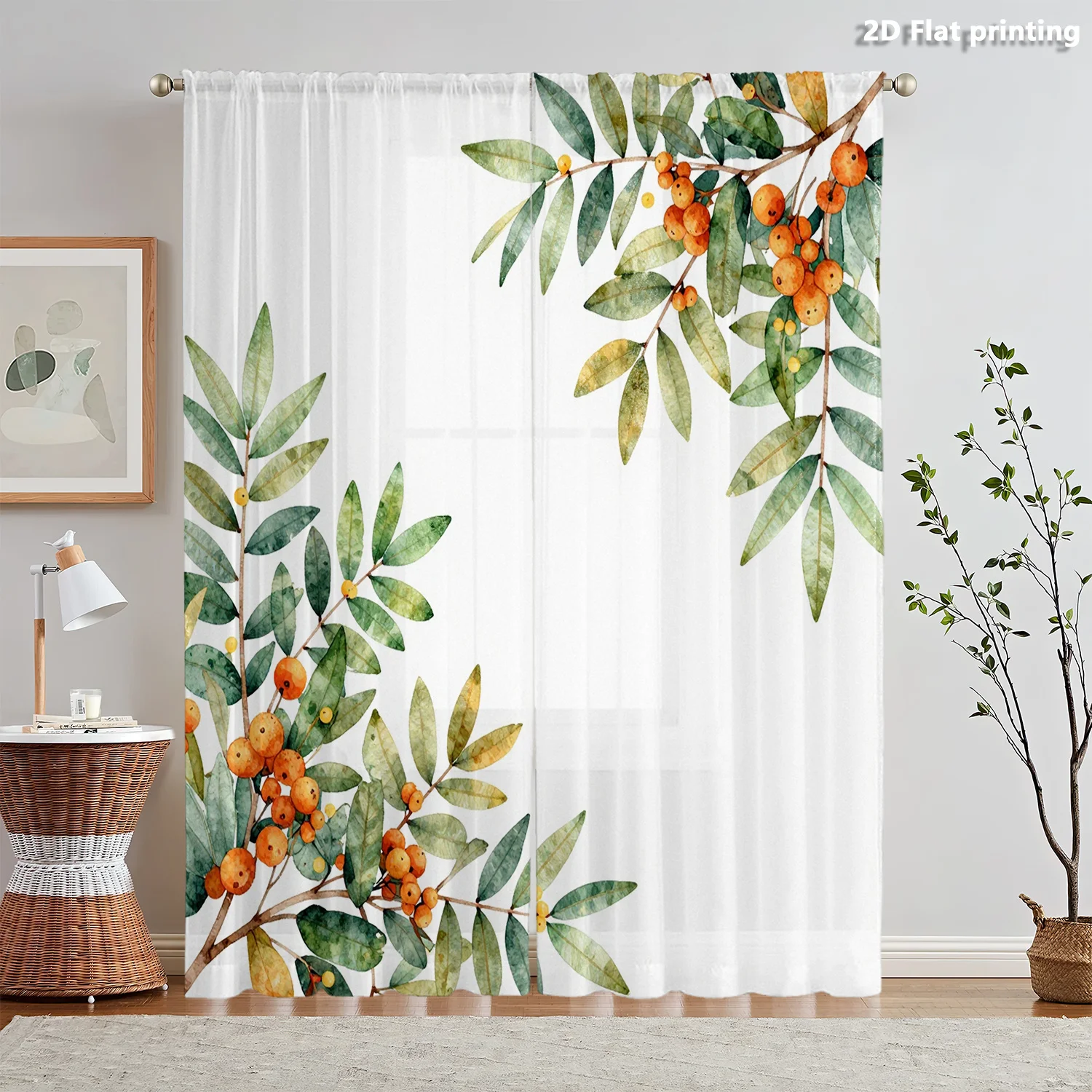 2D FLAT 2pcs Sheer Curtains Green Leaves Orange Berries Branch Pattern Rod Pocket Window Drapes, Filtering Panels for Bedroom Li
2D FLAT 2pcs Sheer Curtains Green Leaves Orange Berries Branch Pattern Rod Pocket Window Drapes, Filtering Panels for Bedroom Li