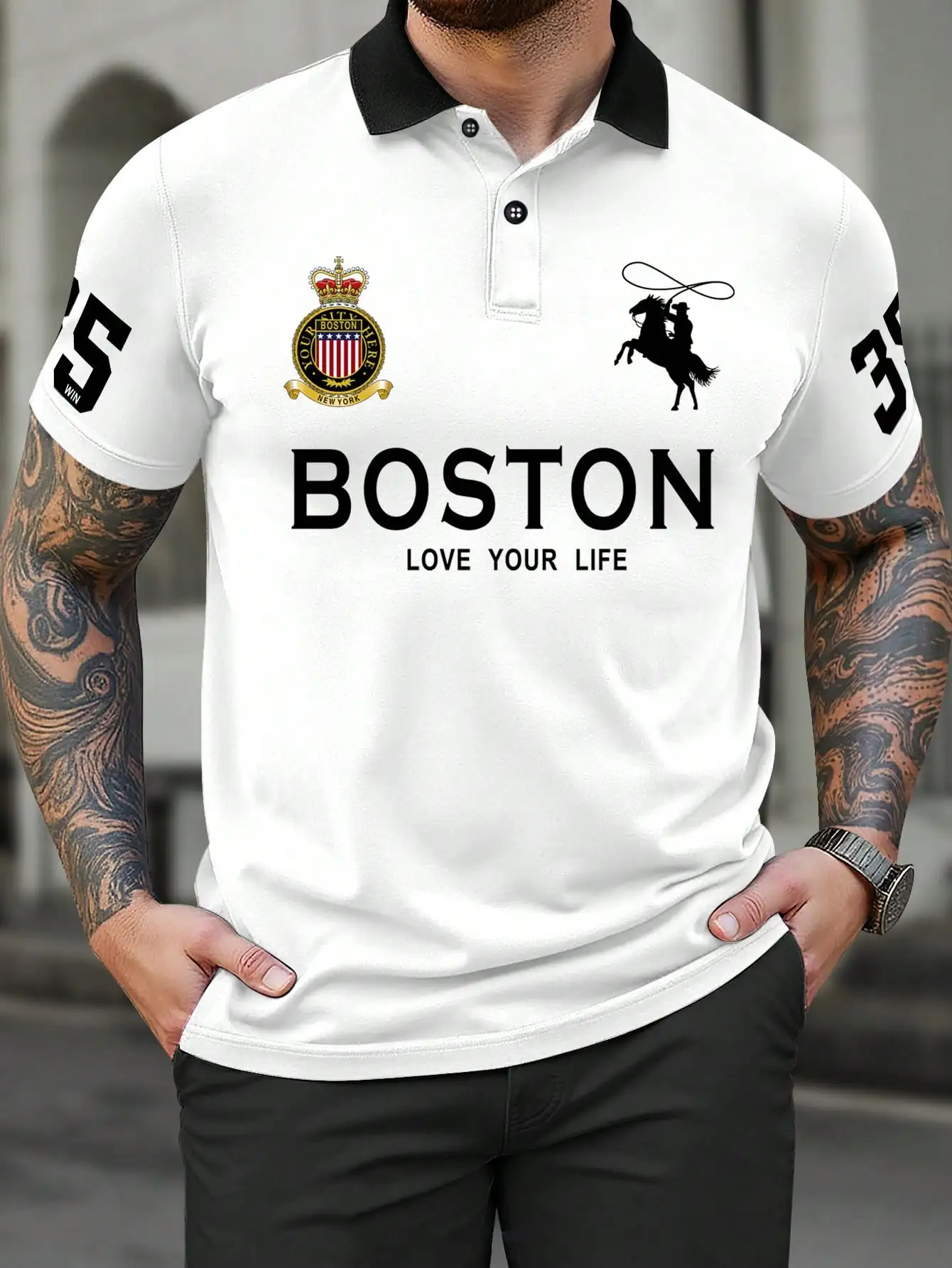 Men's White Short Sleeve Casual Polo Shirt with Graphic Print and Contrast Collar
Men's White Short Sleeve Casual Polo Shirt with Graphic Print and Contrast Collar