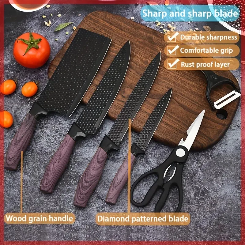 High appearance level kitchen knife set Stainless steel diamond pattern covered handle six-piece household kitchen knife set
High appearance level kitchen knife set Stainless steel diamond pattern covered handle six-piece household kitchen knife set