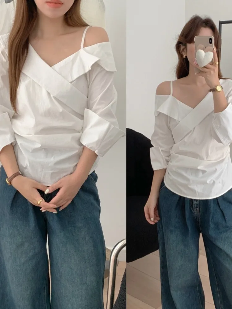 White V-Neck Shoulder-Bared Shirt Women's Early Spring New Style Commute Versatile Pleated Short Shirt Korean Style Long Sleeve
White V-Neck Shoulder-Bared Shirt Women's Early Spring New Style Commute Versatile Pleated Short Shirt Korean Style Long Sleeve