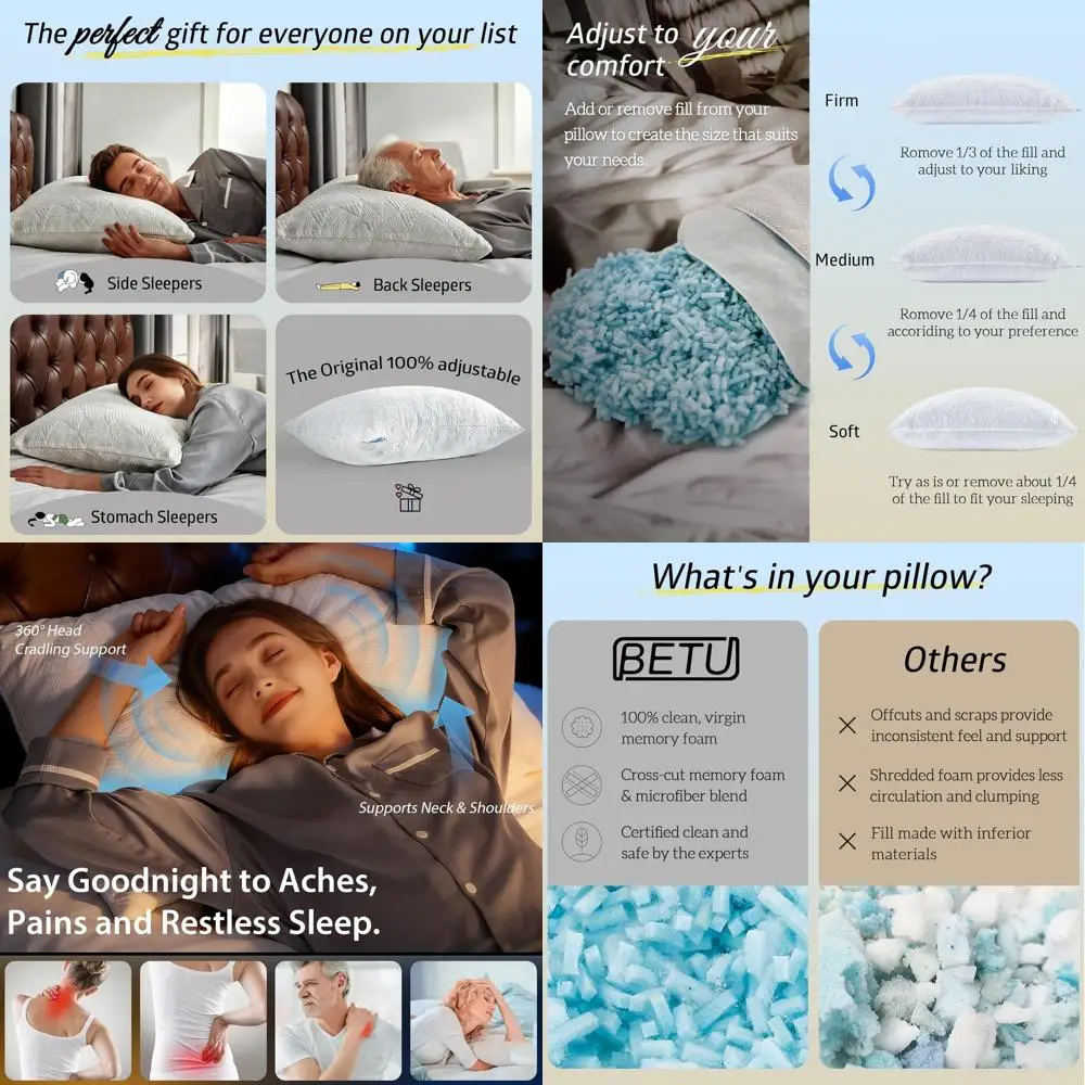 Комплект из 4 подушек Queen Size с наполнителем из измельченной пены с эффектом памяти, регулируемые охлаждающие подушки для снятия боли и для тех, кто спит на боку, белые
Комплект из 4 подушек Queen Size с наполнителем из измельченной пены с эффектом памяти, регулируемые охлаждающие подушки для снятия боли и для тех, кто спит на боку, белые
