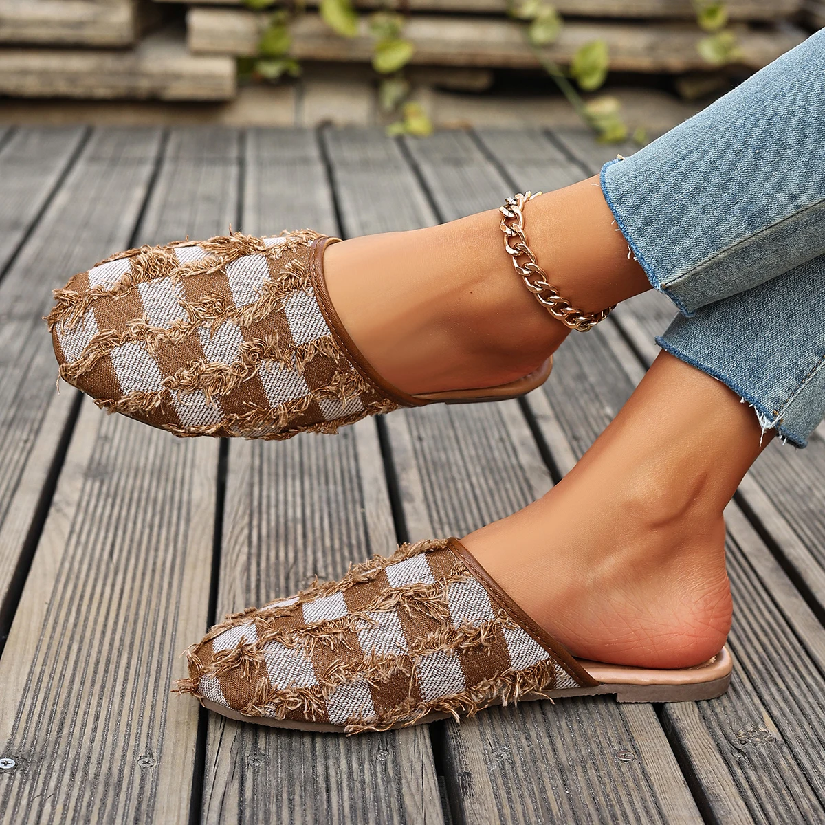 Fringe Tassel Slip-On Mules, Checkered Fabric Flats, Casual Handmade Look Slides
Fringe Tassel Slip-On Mules, Checkered Fabric Flats, Casual Handmade Look Slides