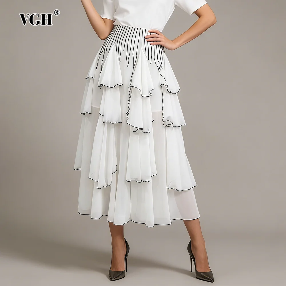 VGH Basics Elegant Style Midi Skirt for Women High Waist Spliced Ruffles Sheer Chiffon Temperament Cake Skirts Female Summer New
VGH Basics Elegant Style Midi Skirt for Women High Waist Spliced Ruffles Sheer Chiffon Temperament Cake Skirts Female Summer New