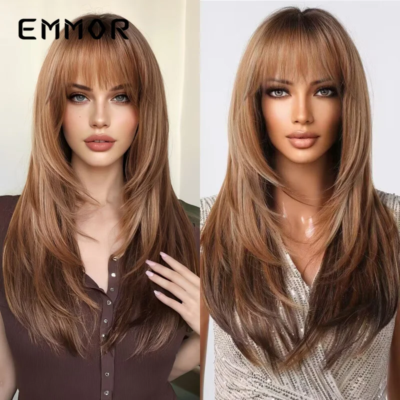 Full head wig bangs, high-layered gradient brown long straight hair with dyed ends, natural and fashionable hairstyle
Full head wig bangs, high-layered gradient brown long straight hair with dyed ends, natural and fashionable hairstyle