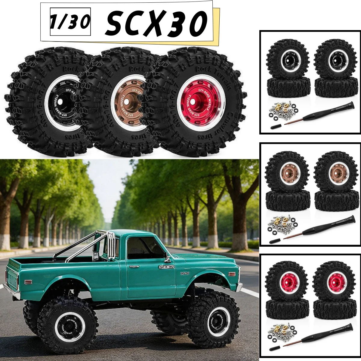 1/30 SCX30 0.7-inch wheel hub, tires, Jeep Wrangler series, K10 Ascent-32 D419.
1/30 SCX30 0.7-inch wheel hub, tires, Jeep Wrangler series, K10 Ascent-32 D419.