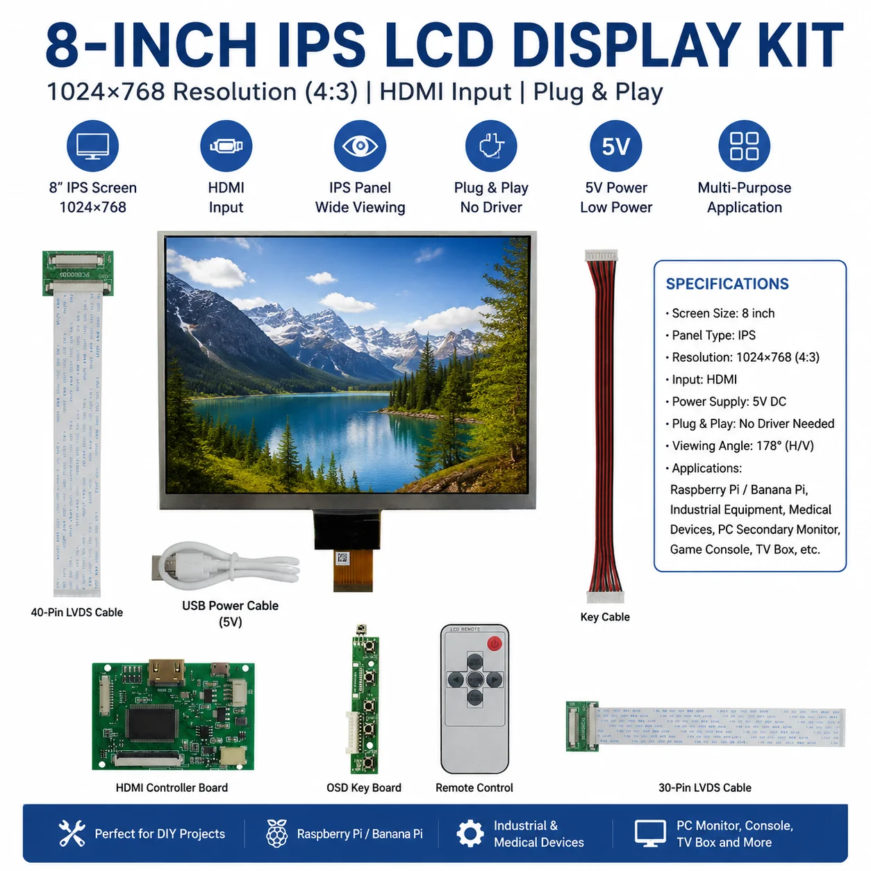 8 Inch 4:3 IPS Panel 1024*768 LCD Display Screen Driver Control Board HDMI-Compatible Raspberry Pi Computer PC Laptop Monitor
8 Inch 4:3 IPS Panel 1024*768 LCD Display Screen Driver Control Board HDMI-Compatible Raspberry Pi Computer PC Laptop Monitor