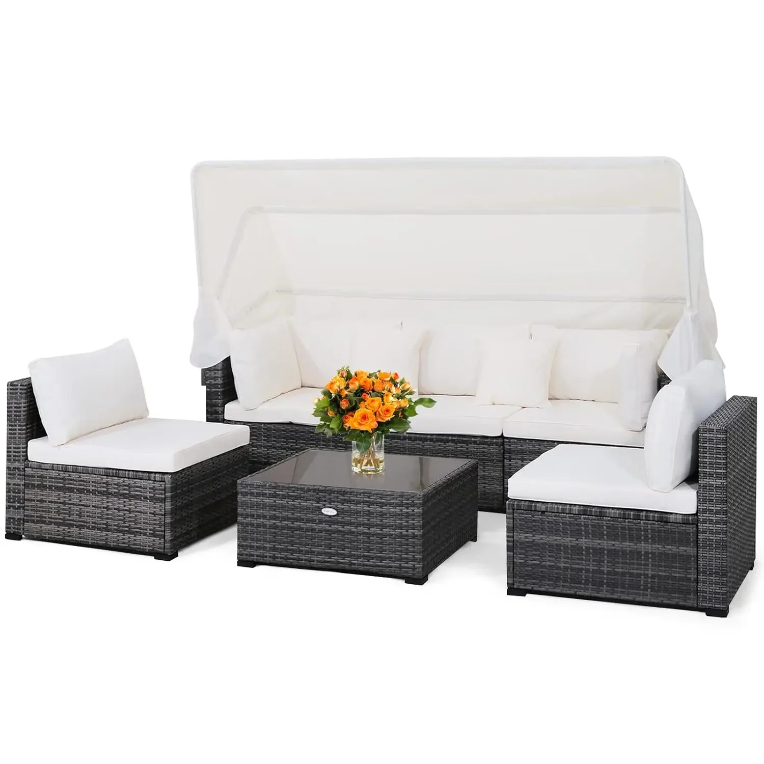 6pc Patio Set Retractable Canopy 3Seat Daybed Sofa Cushions Glass Coffee Table PE Rattan Sectional, Custom
6pc Patio Set Retractable Canopy 3Seat Daybed Sofa Cushions Glass Coffee Table PE Rattan Sectional, Custom