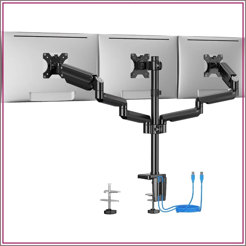 Triple Monitor Mount for 13-27 inch Screens, Heavy Duty Stand with USB, Tilt, Swivel, Rotation, Holds 17.6 lbs Each
Triple Monitor Mount for 13-27 inch Screens, Heavy Duty Stand with USB, Tilt, Swivel, Rotation, Holds 17.6 lbs Each