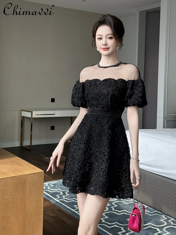 French Elegant Heavy Industry Lace Splicing Diamond Crew Neck Bubble Sleeves High Waist A-line Slim Black Evening Dress Women
French Elegant Heavy Industry Lace Splicing Diamond Crew Neck Bubble Sleeves High Waist A-line Slim Black Evening Dress Women