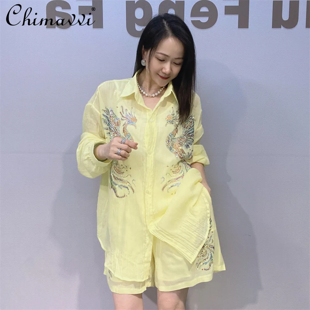Heavy Hot Diamond Cotton and Linen Looselong Sleeves Shirt Tops Shorts Two-piece Set 2026 Summer New Fashion Casual Suit Female
Heavy Hot Diamond Cotton and Linen Looselong Sleeves Shirt Tops Shorts Two-piece Set 2026 Summer New Fashion Casual Suit Female