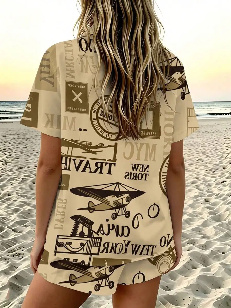 Women Short Sleeve Shirt And Shorts Set Beach Vacation Outfit Airplane Print Casual Summer Travel Wear
Women Short Sleeve Shirt And Shorts Set Beach Vacation Outfit Airplane Print Casual Summer Travel Wear