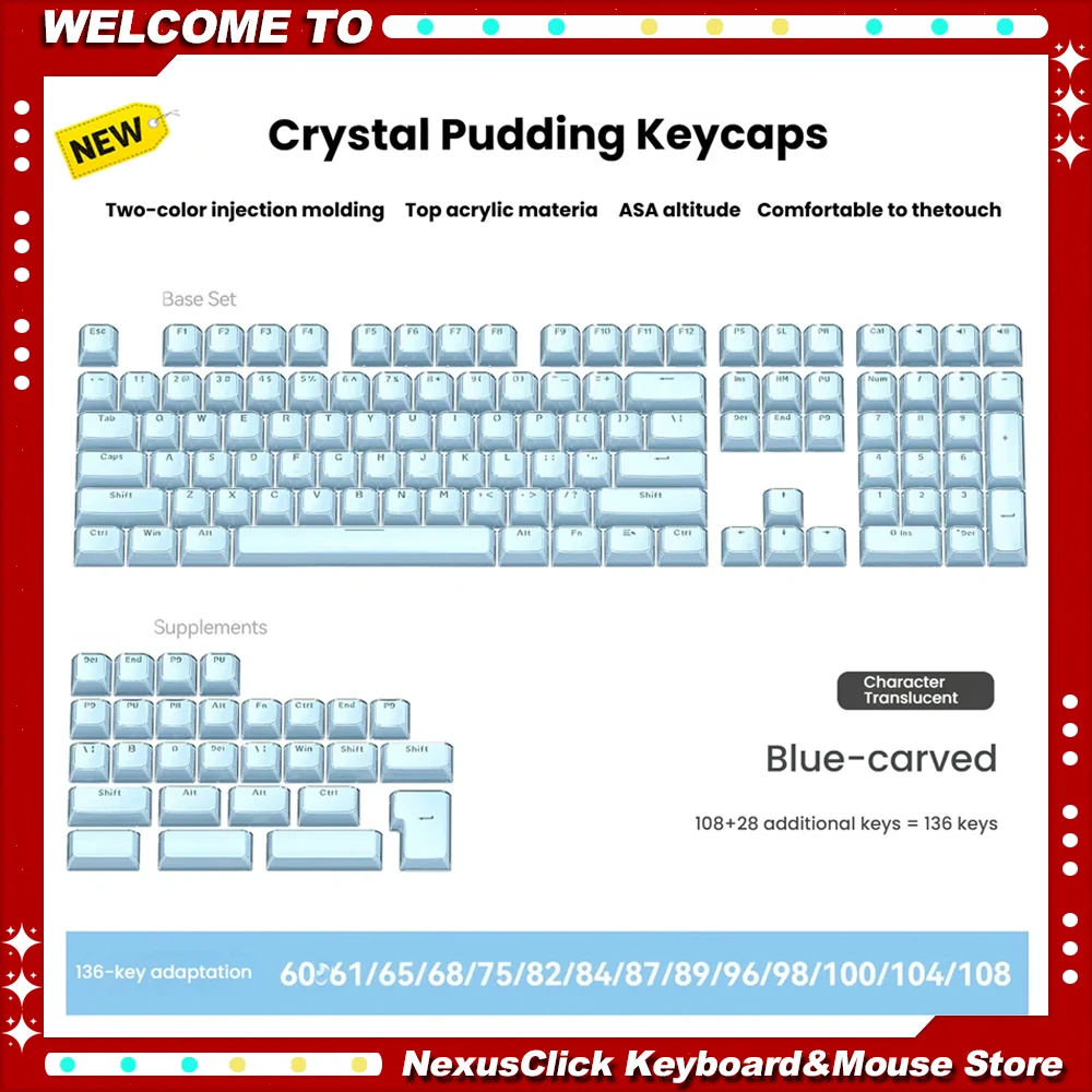 136keys Crystal Translucent Keycap PC Two-color Injection ASA Jelly Pudding For 61/68/75/84/87/108 Mechanical Keyboard Keycaps
136keys Crystal Translucent Keycap PC Two-color Injection ASA Jelly Pudding For 61/68/75/84/87/108 Mechanical Keyboard Keycaps