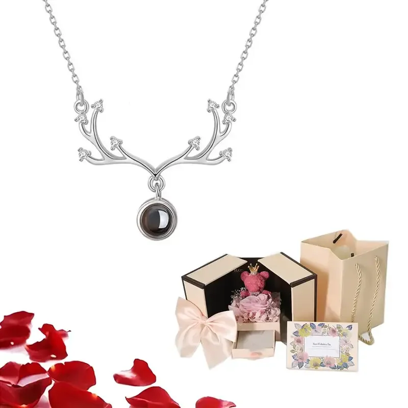 Custom Photo Projection Necklace With Cute Bear Rose Gift Box Antler Pendant Stainless Steel Chain For Women Festival Gift
Custom Photo Projection Necklace With Cute Bear Rose Gift Box Antler Pendant Stainless Steel Chain For Women Festival Gift
