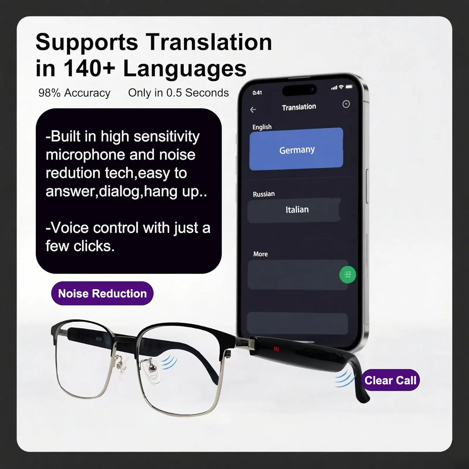 Audio glasses, translation glasses, music playback, phone calls, app translation, photochromic lenses, touch controls.
Audio glasses, translation glasses, music playback, phone calls, app translation, photochromic lenses, touch controls.
